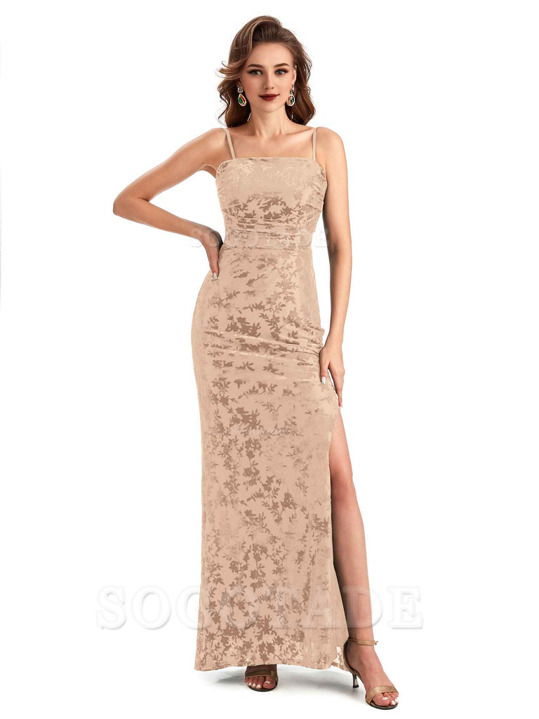 Sexy Side Slit Spaghetti Straps V-Neck Mermaid Floral Velvet Long Brid