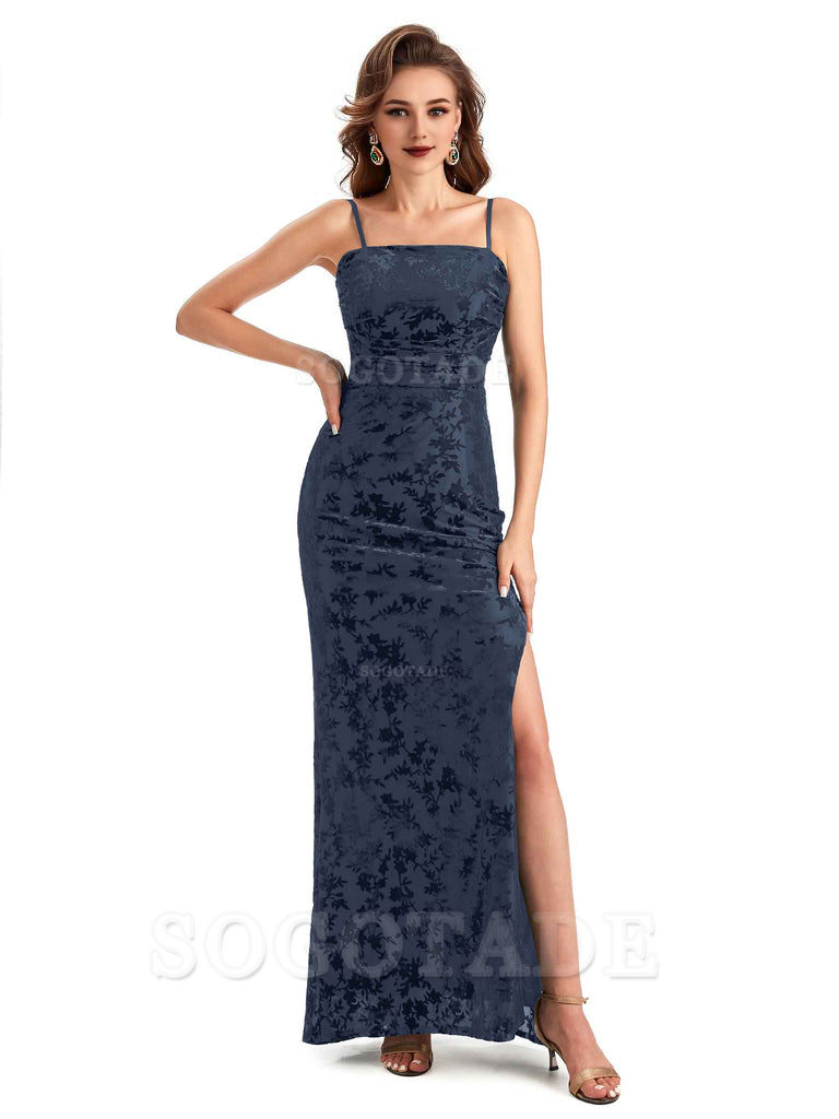 Sexy Side Slit Spaghetti Straps Floral Velvet Long Formal Bridesmaid Dresses Online