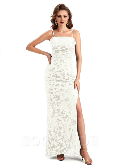 Sexy Side Slit Spaghetti Straps Floral Velvet Long Formal Bridesmaid Dresses Online
