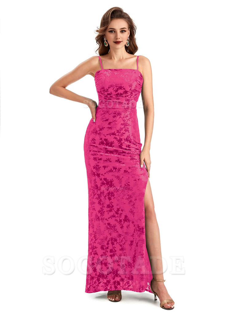 Sexy Side Slit Spaghetti Straps Floral Velvet Long Formal Bridesmaid Dresses Online