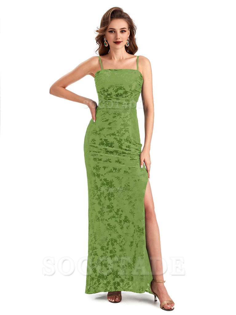Sexy Side Slit Spaghetti Straps Floral Velvet Long Formal Bridesmaid Dresses Online