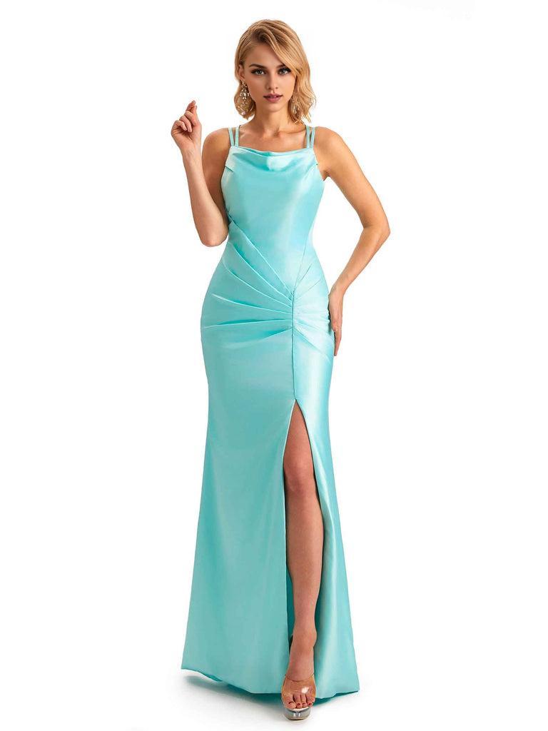 Soft Satin Spaghetti Straps Side Slit Long Unique Mermaid Dresses