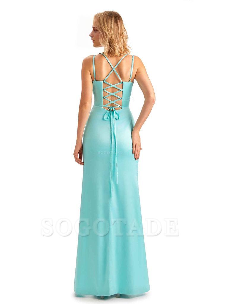 Soft Satin Spaghetti Straps Side Slit Long Unique Mermaid Beautiful Dresses For Wedding