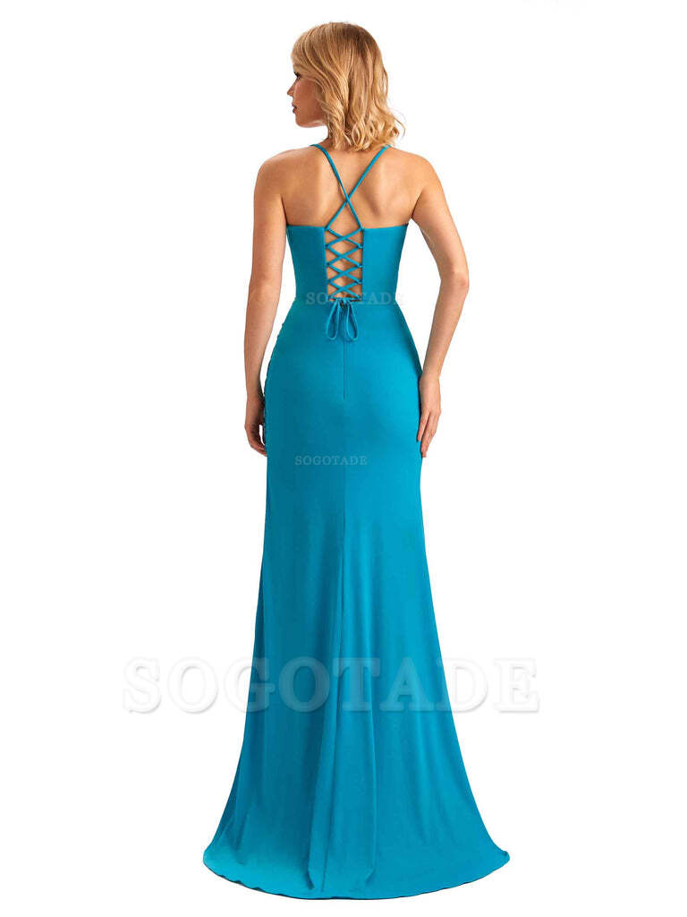 Mermaid Spaghetti Straps Side Slit Lace Stretchy Jersey Long Formal Bridesmaid Dresses