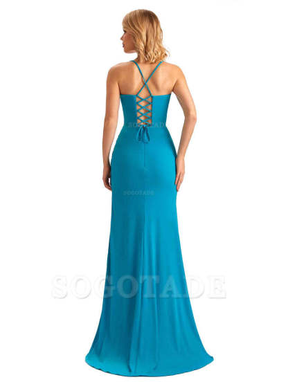Mermaid Spaghetti Straps Side Slit Lace Stretchy Jersey Long Formal Bridesmaid Dresses