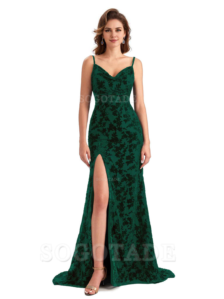 Sexy Side Slit Spaghetti Straps V-Neck Mermaid Floral Velvet Long Bridesmaid Dresses