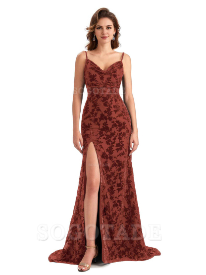 Sexy Side Slit Spaghetti Straps V-Neck Mermaid Floral Velvet Long Bridesmaid Dresses