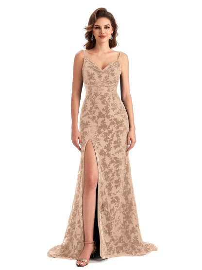 Sexy Side Slit Spaghetti Straps V-Neck Mermaid Floral Velvet Long Bridesmaid Dresses