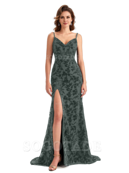 Sexy Side Slit Spaghetti Straps V-Neck Mermaid Floral Velvet Long Bridesmaid Dresses