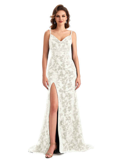 Sexy Side Slit Spaghetti Straps V-Neck Mermaid Floral Velvet Long Bridesmaid Dresses