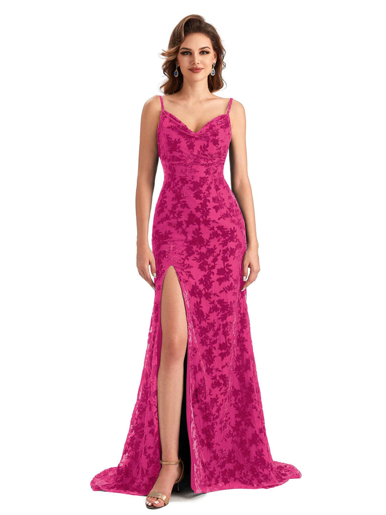 Sexy Side Slit Spaghetti Straps V-Neck Mermaid Floral Velvet Long Bridesmaid Dresses