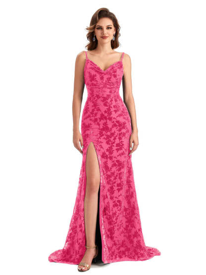 Sexy Side Slit Spaghetti Straps V-Neck Mermaid Floral Velvet Long Bridesmaid Dresses