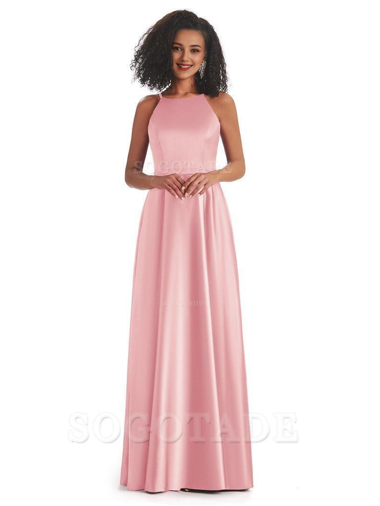 Soft Satin A-Line Halter Floor-Length Modern African Bridesmaid Dresses