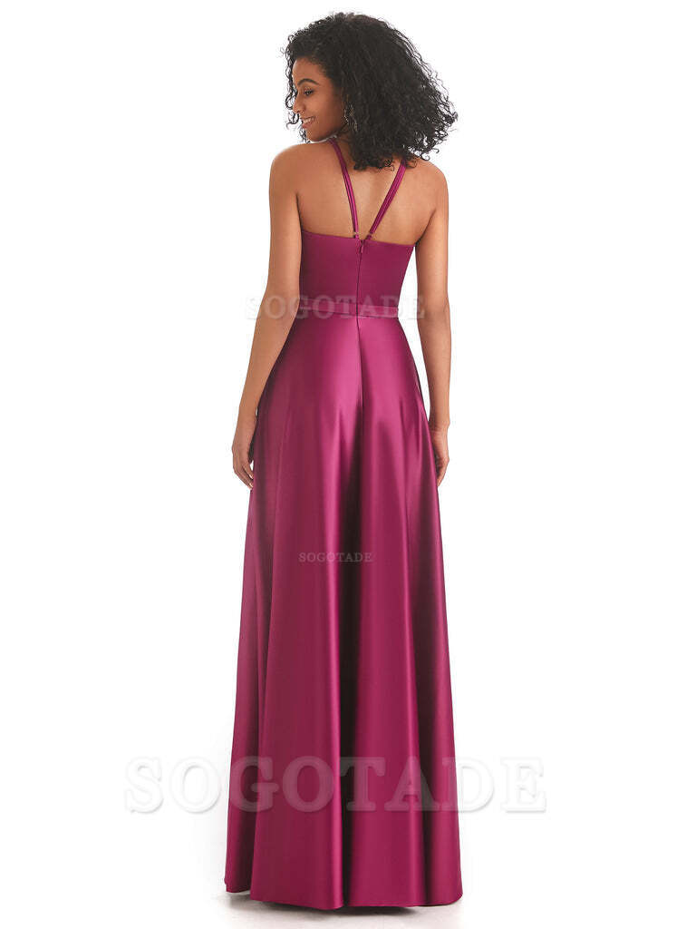 Soft Satin A-Line Halter Floor-Length Modern African Bridesmaid Dresses