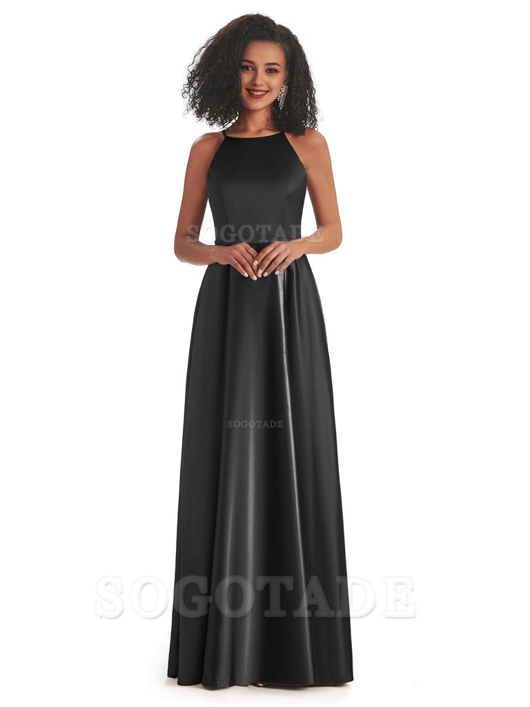 Soft Satin A-Line Halter Floor-Length Modern African Bridesmaid Dresses