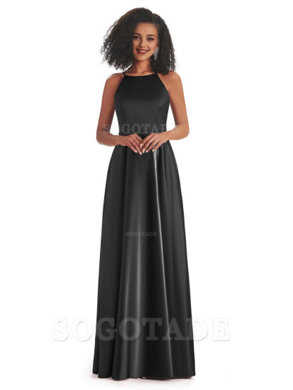 Soft Satin A-Line Halter Floor-Length Modern African Bridesmaid Dresses