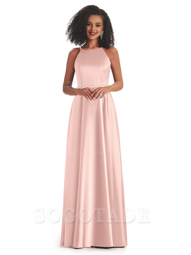 Soft Satin A-Line Halter Floor-Length Modern African Bridesmaid Dresses