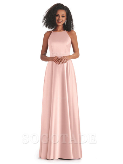 Soft Satin A-Line Halter Floor-Length Modern African Bridesmaid Dresses