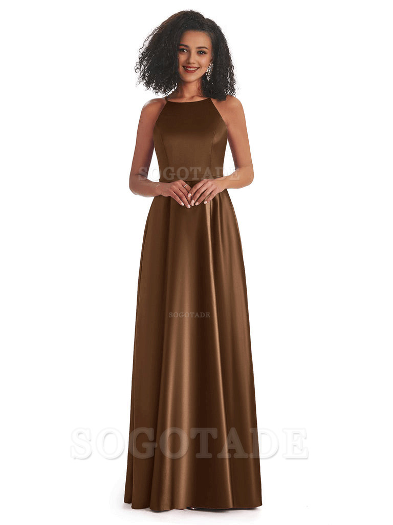 Soft Satin A-Line Halter Floor-Length Modern African Bridesmaid Dresses