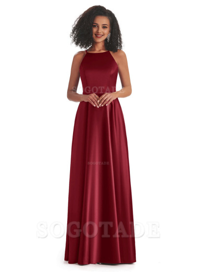 Soft Satin A-Line Halter Floor-Length Modern African Bridesmaid Dresses