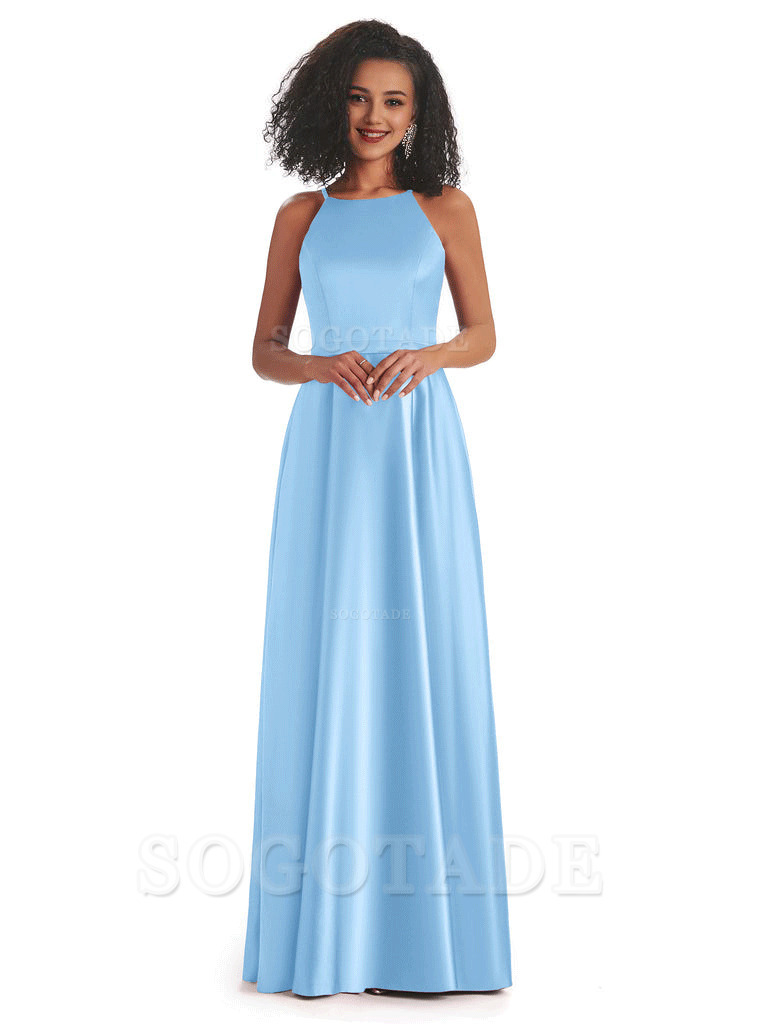 Soft Satin A-Line Halter Floor-Length Modern African Bridesmaid Dresses