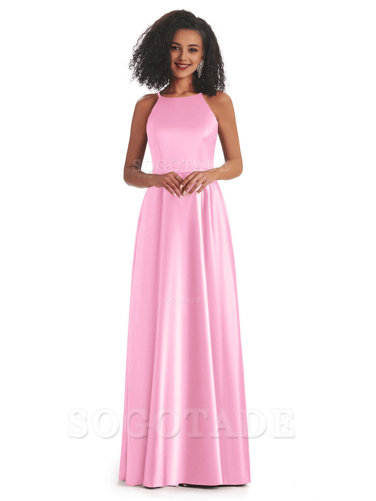 Soft Satin A-Line Halter Floor-Length Modern African Bridesmaid Dresses