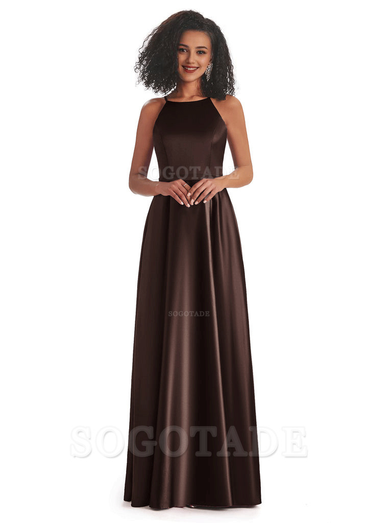 Soft Satin A-Line Halter Floor-Length Modern African Bridesmaid Dresses