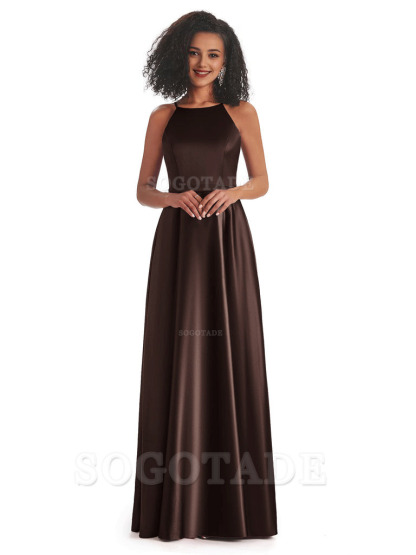 Soft Satin A-Line Halter Floor-Length Modern African Bridesmaid Dresses