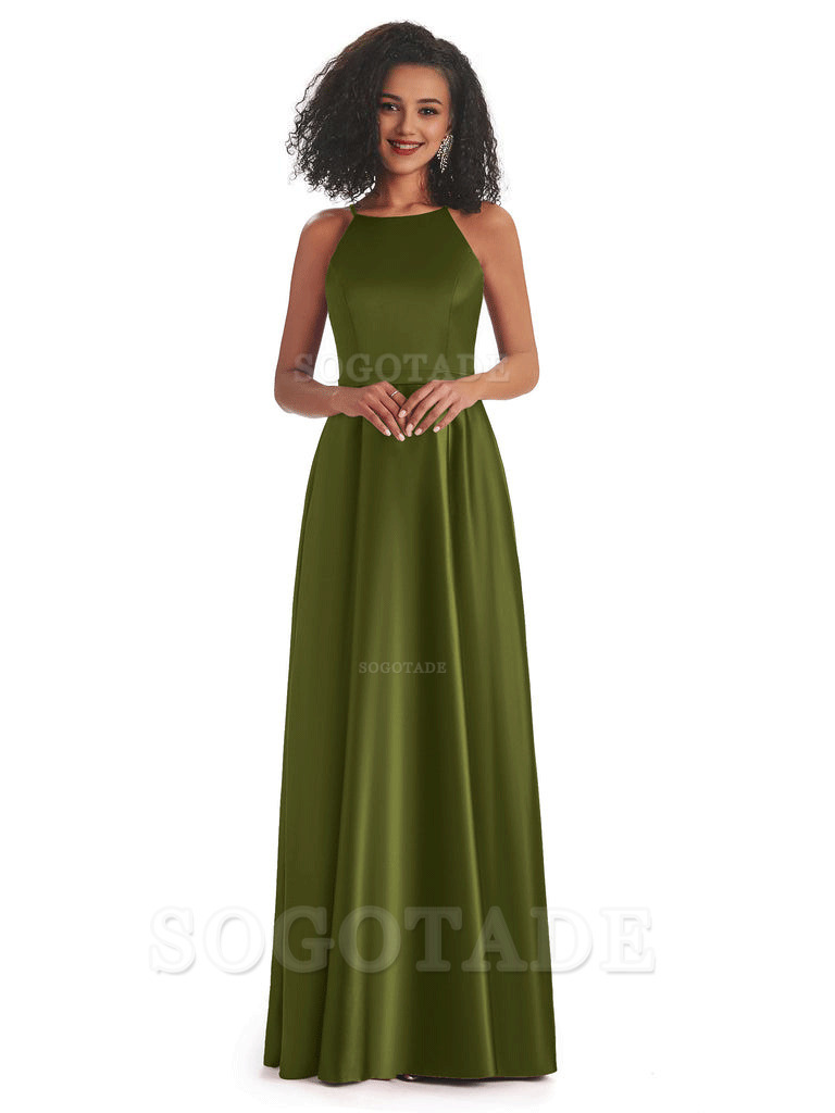 Soft Satin A-Line Halter Floor-Length Modern African Bridesmaid Dresses