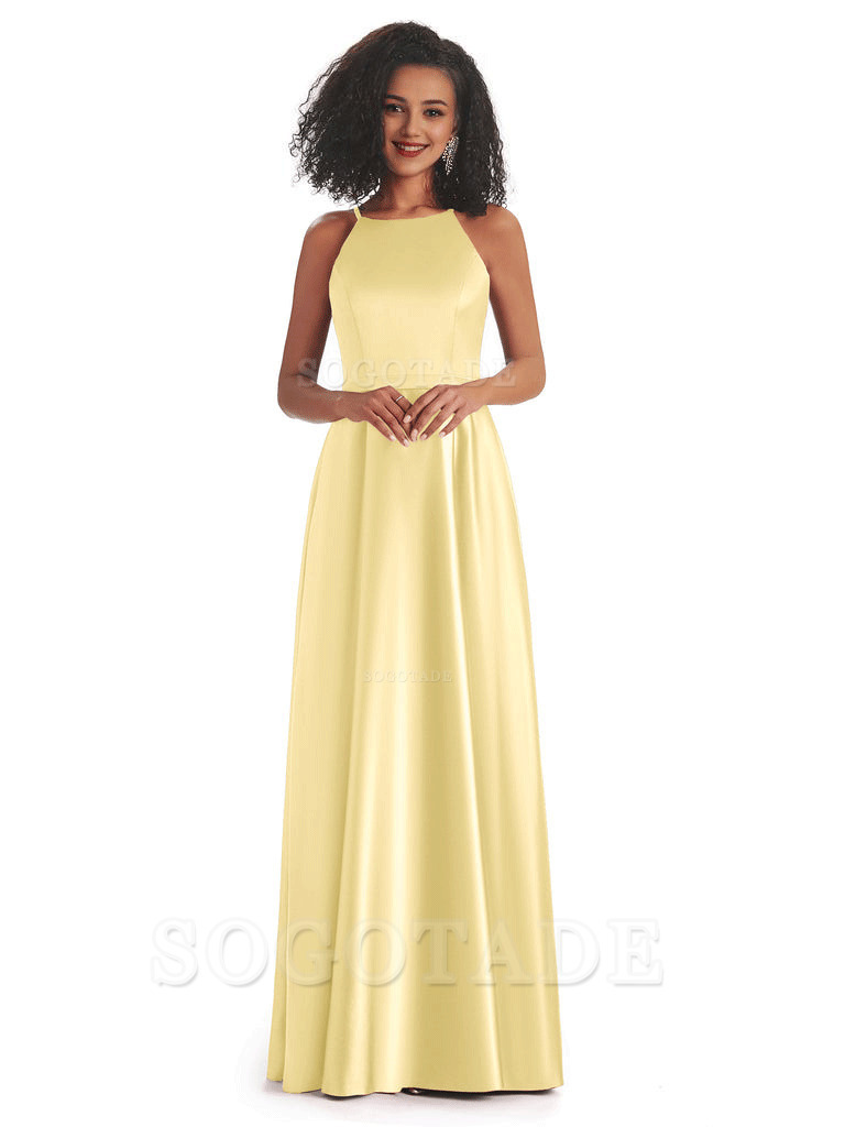 Soft Satin A-Line Halter Floor-Length Modern African Bridesmaid Dresses