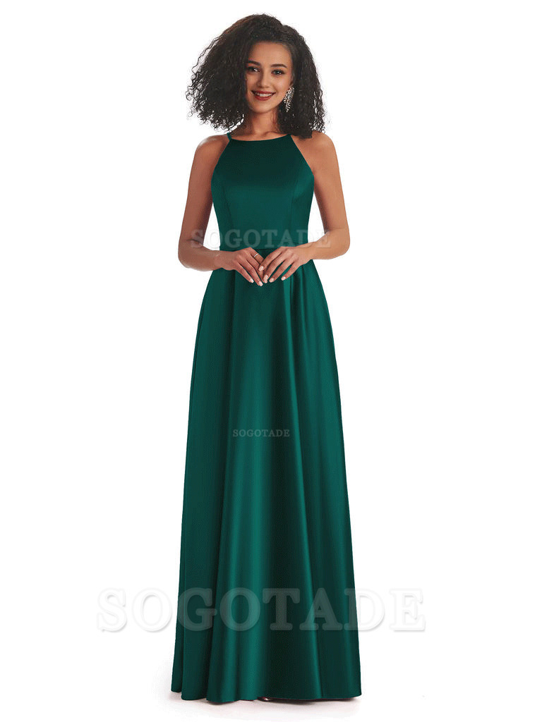 Soft Satin A-Line Halter Floor-Length Modern African Bridesmaid Dresses
