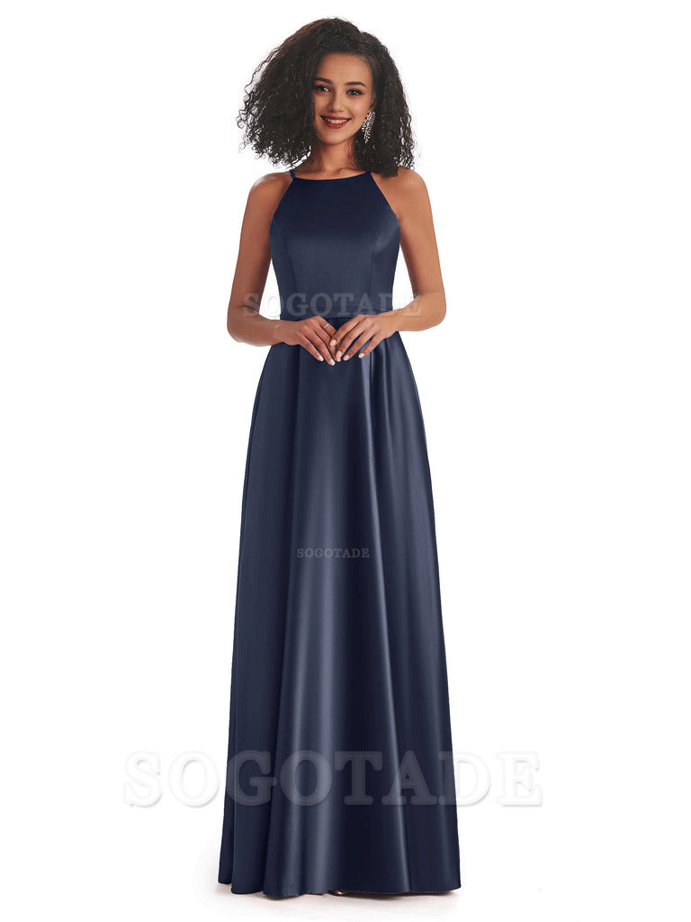 Soft Satin A-Line Halter Floor-Length Modern African Bridesmaid Dresses