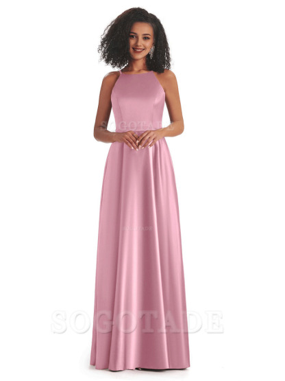 Soft Satin A-Line Halter Floor-Length Modern African Bridesmaid Dresses