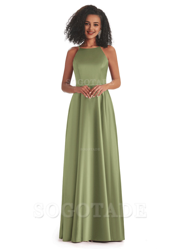 Soft Satin A-Line Halter Floor-Length Modern African Bridesmaid Dresses