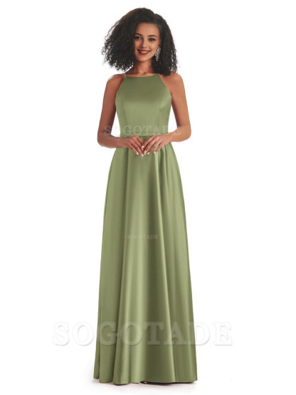 Soft Satin A-Line Halter Floor-Length Modern African Bridesmaid Dresses