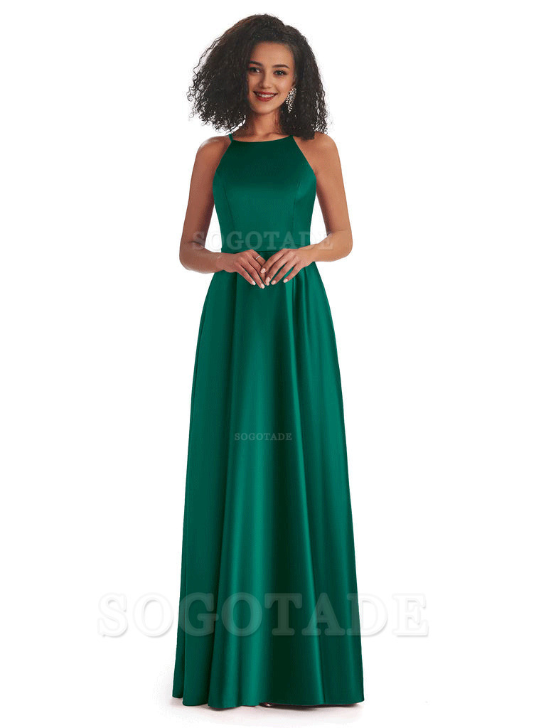 Soft Satin A-Line Halter Floor-Length Modern African Bridesmaid Dresses