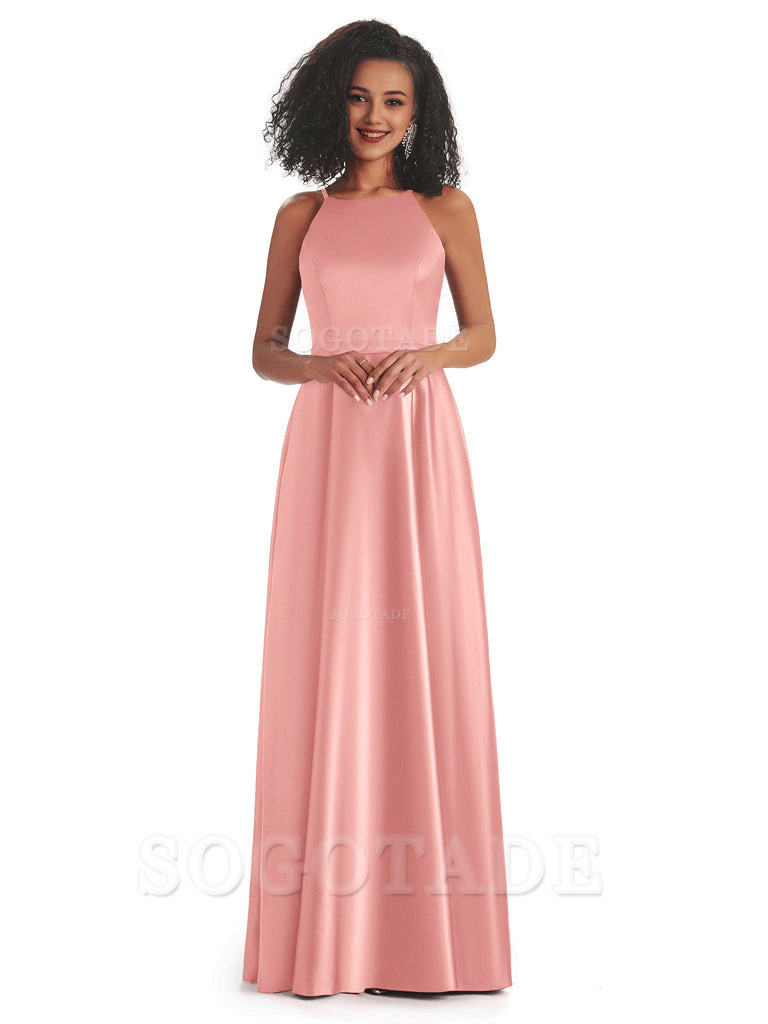 Soft Satin A-Line Halter Floor-Length Modern African Bridesmaid Dresses