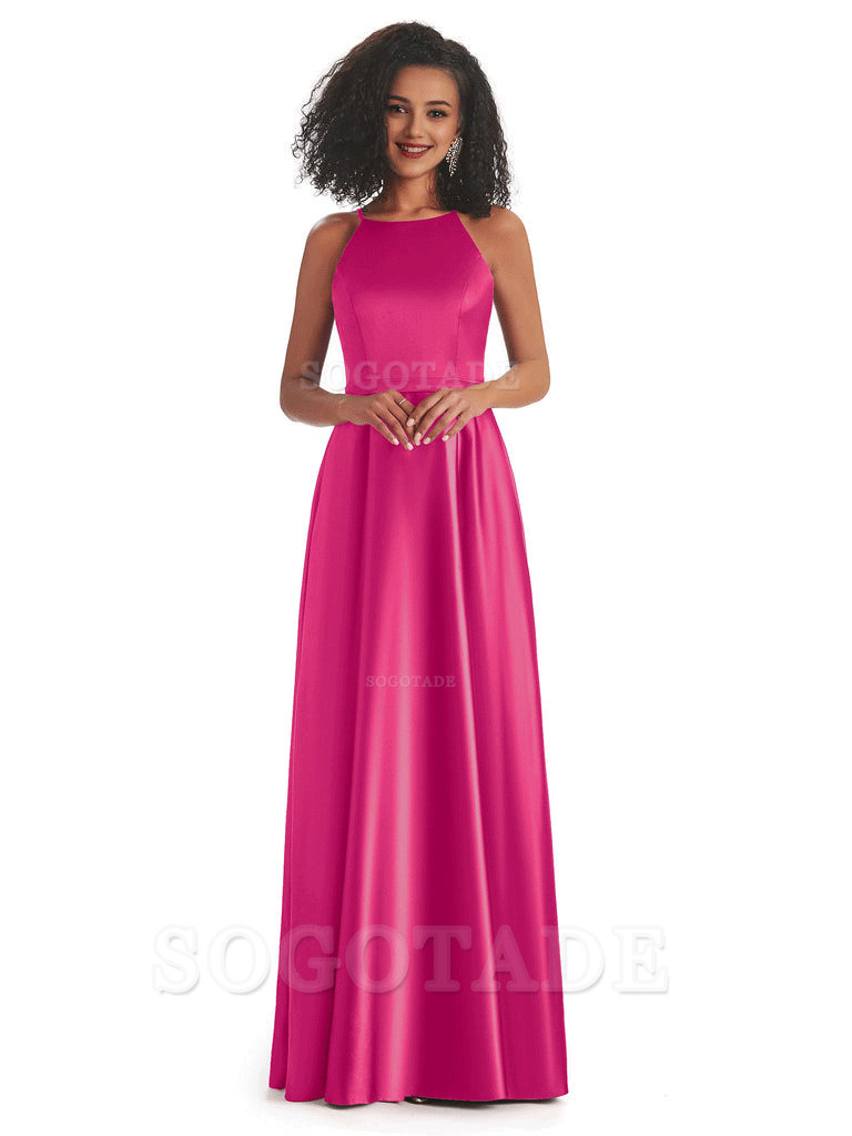 Soft Satin A-Line Halter Floor-Length Modern African Bridesmaid Dresses