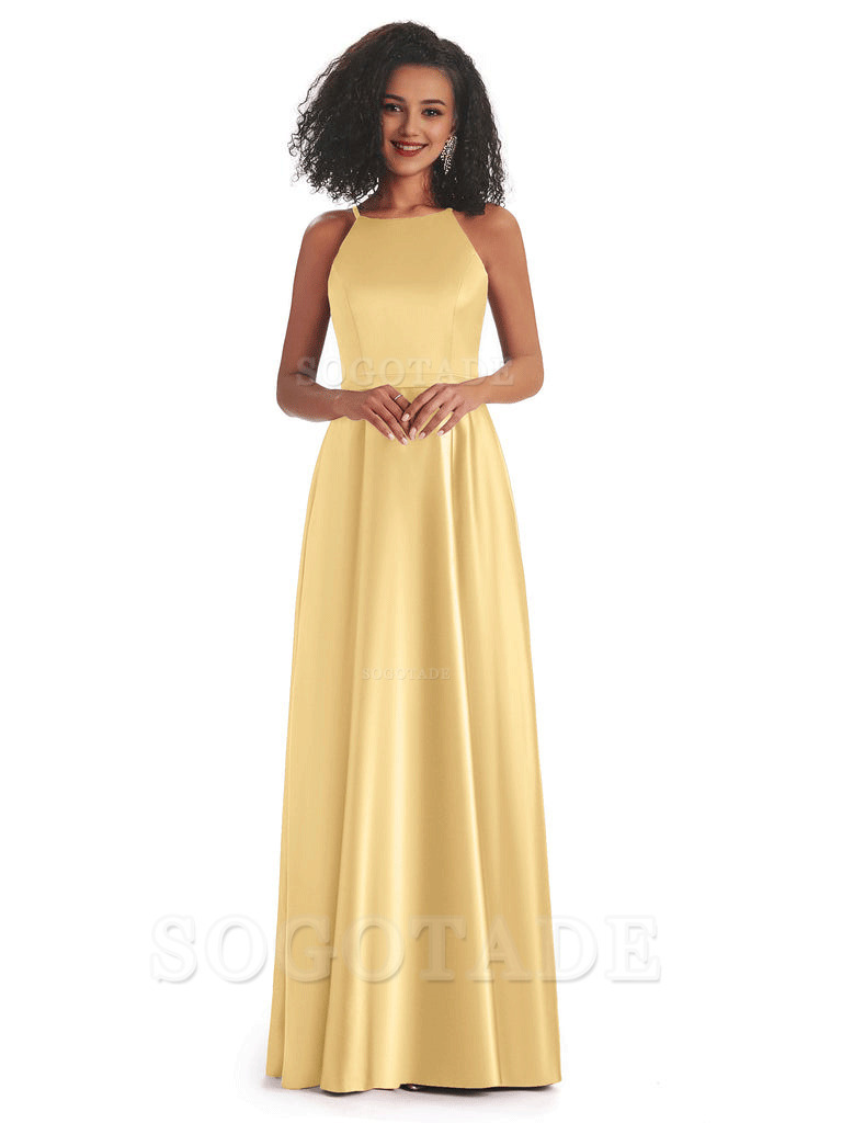Soft Satin A-Line Halter Floor-Length Modern African Bridesmaid Dresses