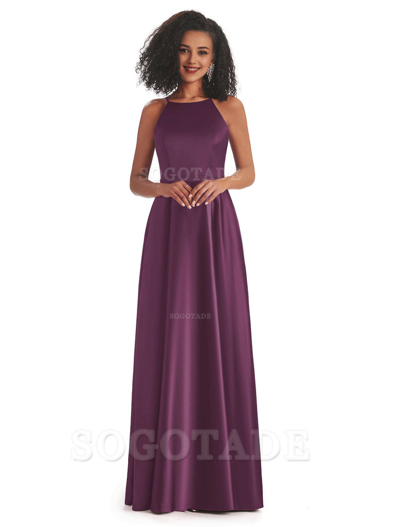 Soft Satin A-Line Halter Floor-Length Modern African Bridesmaid Dresses