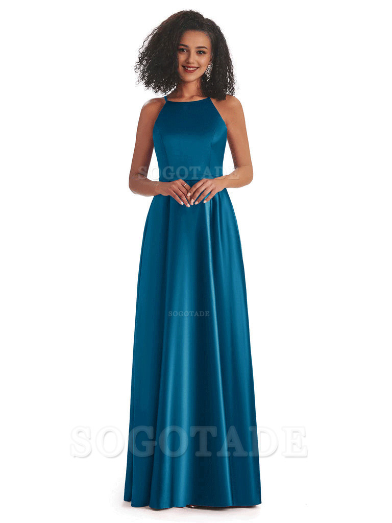 Soft Satin A-Line Halter Floor-Length Modern African Bridesmaid Dresses