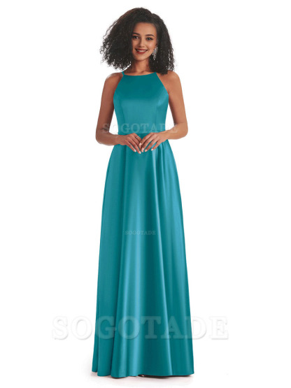 Soft Satin A-Line Halter Floor-Length Modern African Bridesmaid Dresses