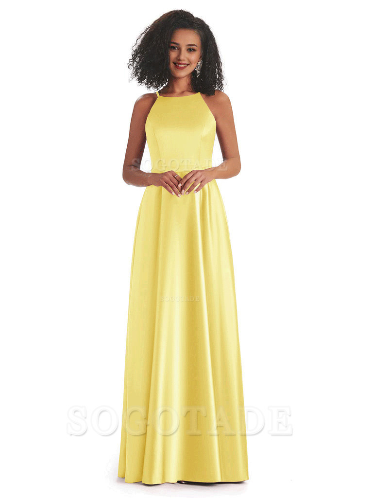 Soft Satin A-Line Halter Floor-Length Modern African Bridesmaid Dresses