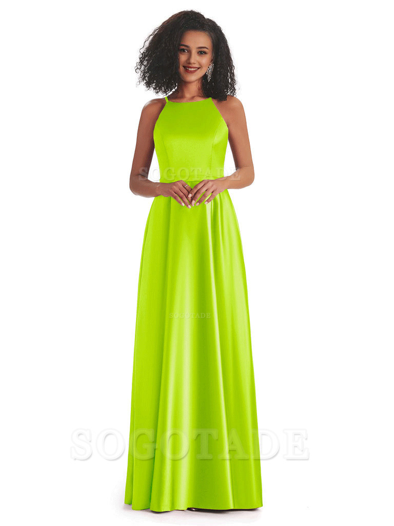 Soft Satin A-Line Halter Floor-Length Modern African Bridesmaid Dresses