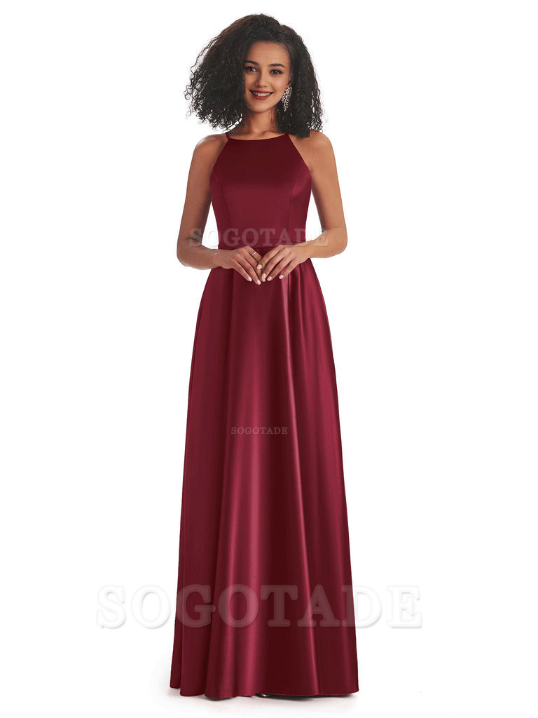 Soft Satin A-Line Halter Floor-Length Modern African Bridesmaid Dresses