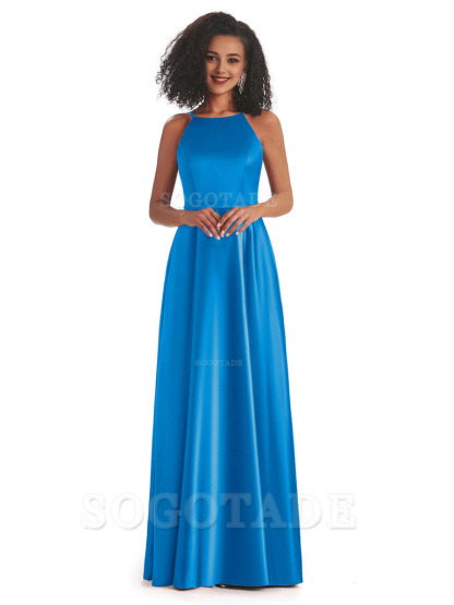 Soft Satin A-Line Halter Floor-Length Modern African Bridesmaid Dresses