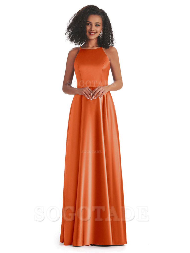 Soft Satin A-Line Halter Floor-Length Modern African Bridesmaid Dresses