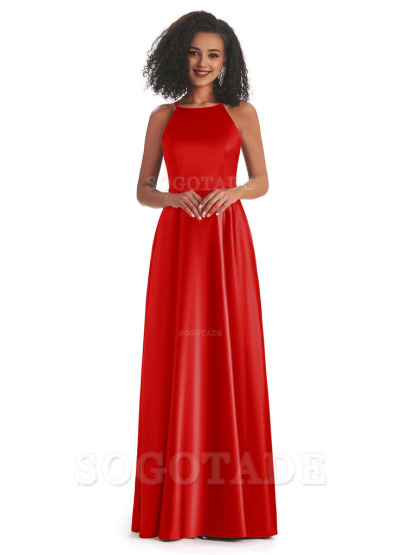 Soft Satin A-Line Halter Floor-Length Modern African Bridesmaid Dresses