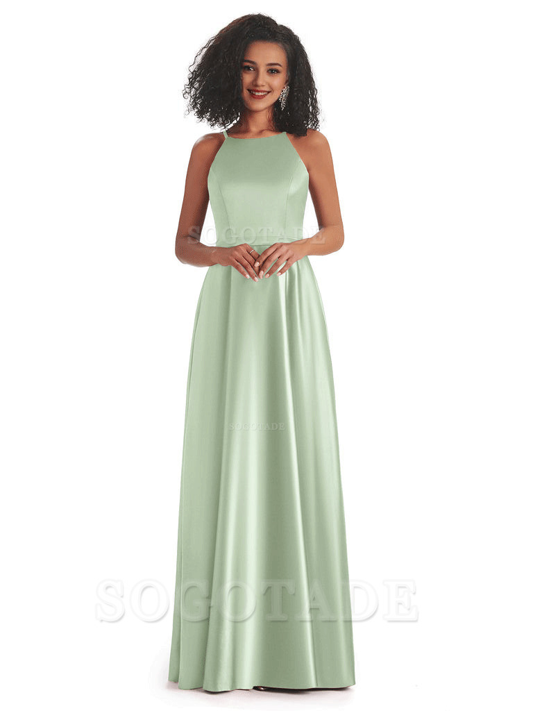 Soft Satin A-Line Halter Floor-Length Modern African Bridesmaid Dresses