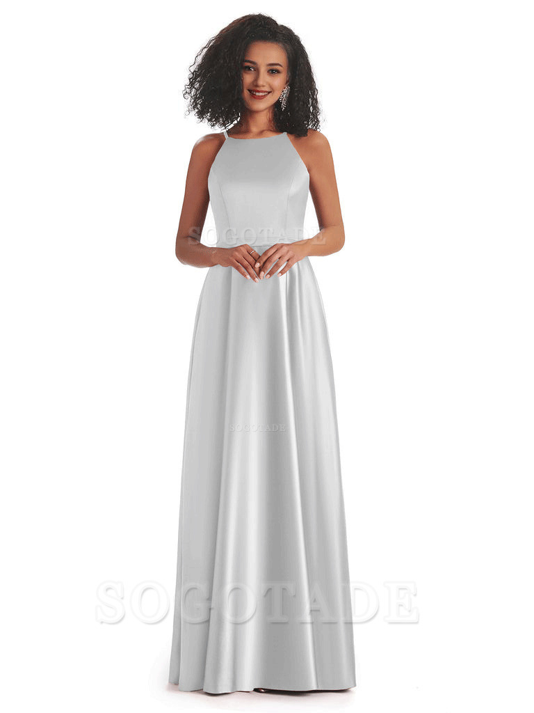 Soft Satin A-Line Halter Floor-Length Modern African Bridesmaid Dresses